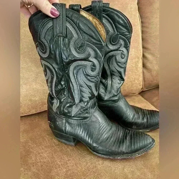 Tony Lama Mens 8539 Black Exotic Teju Lizard Western Cowboy Boots Size 10 D - Picture 1 of 15